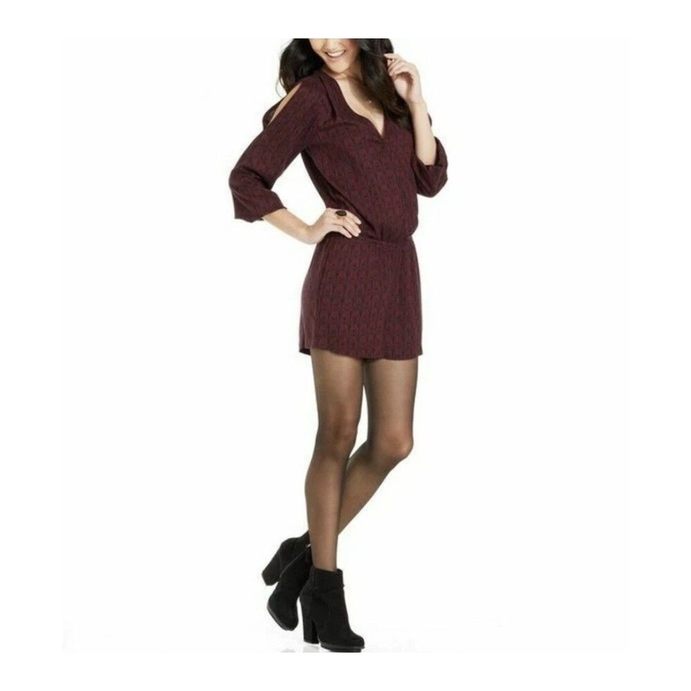 Jessica Simpson Cold Shoulder Romper XL Burgundy Geometric Pattern Long Sleeve